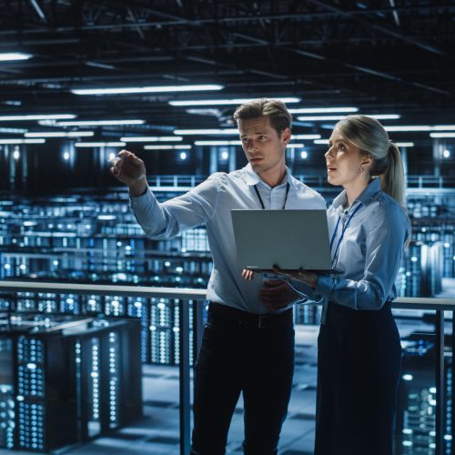 Data,Center,Female,E-business,Enrepreneur,And,Male,It,Specialist,Talk,